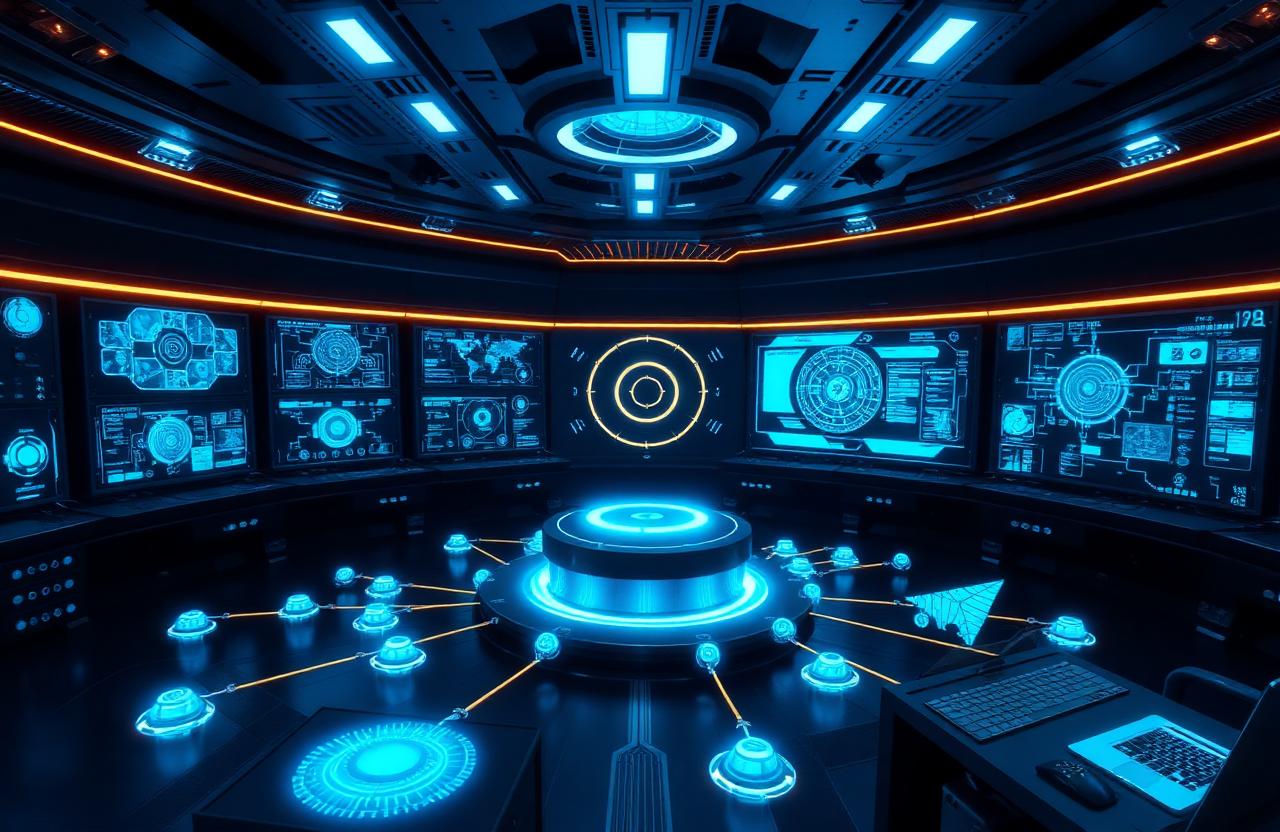Futuristic enterprise AI command center with a glowing network of AI agents connected to a central orchestration core