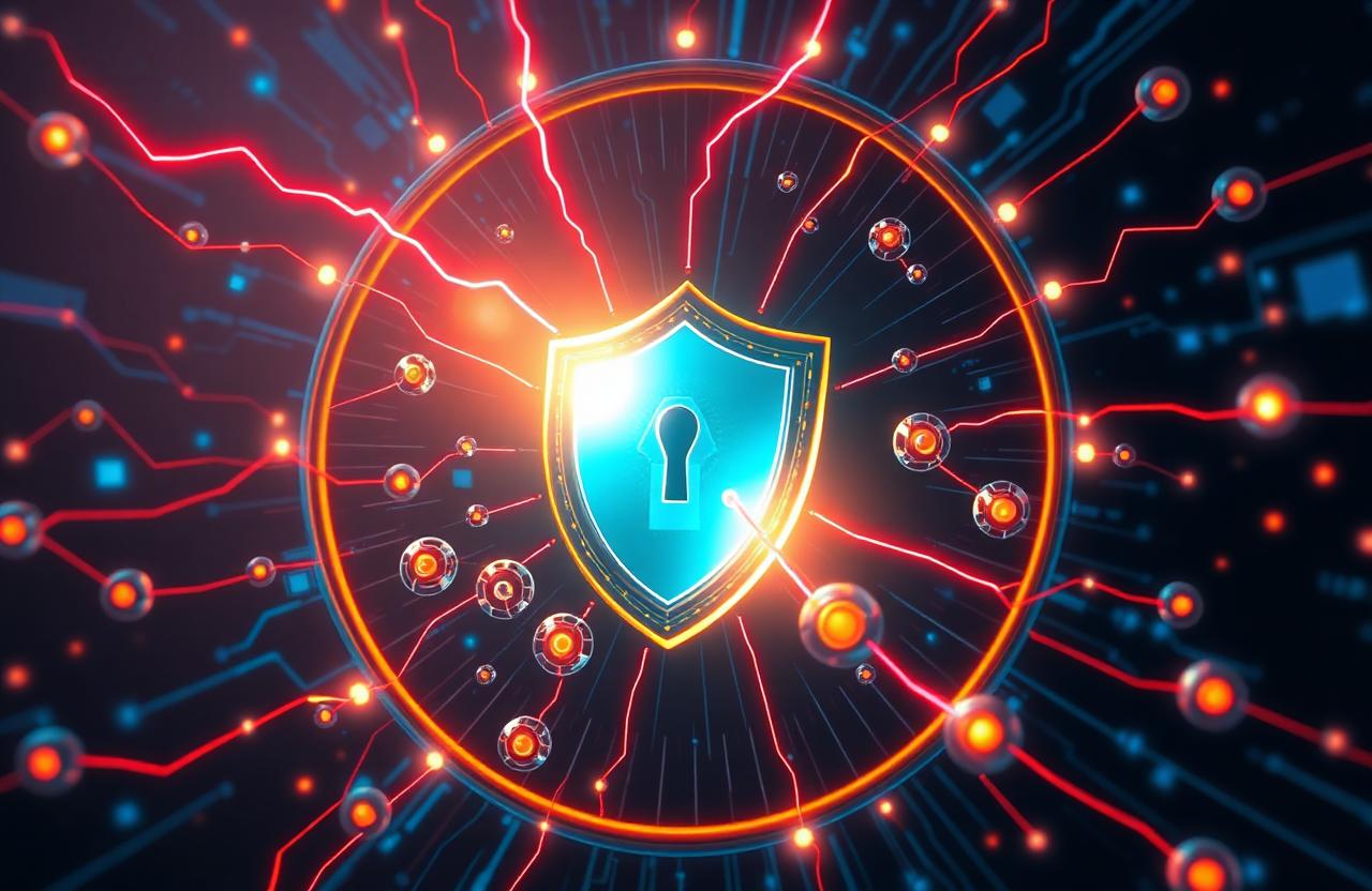 Glowing shield protecting a swarm of autonomous AI agent orbs from red lightning attack vectors against a circuit-board background