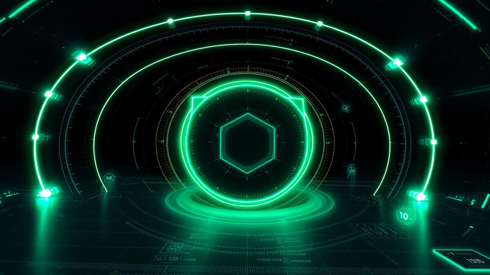 AI agent guardrails — a glowing emerald shield ringed by concentric policy gates, token flow lines, and floating metric tiles on a dark navy background