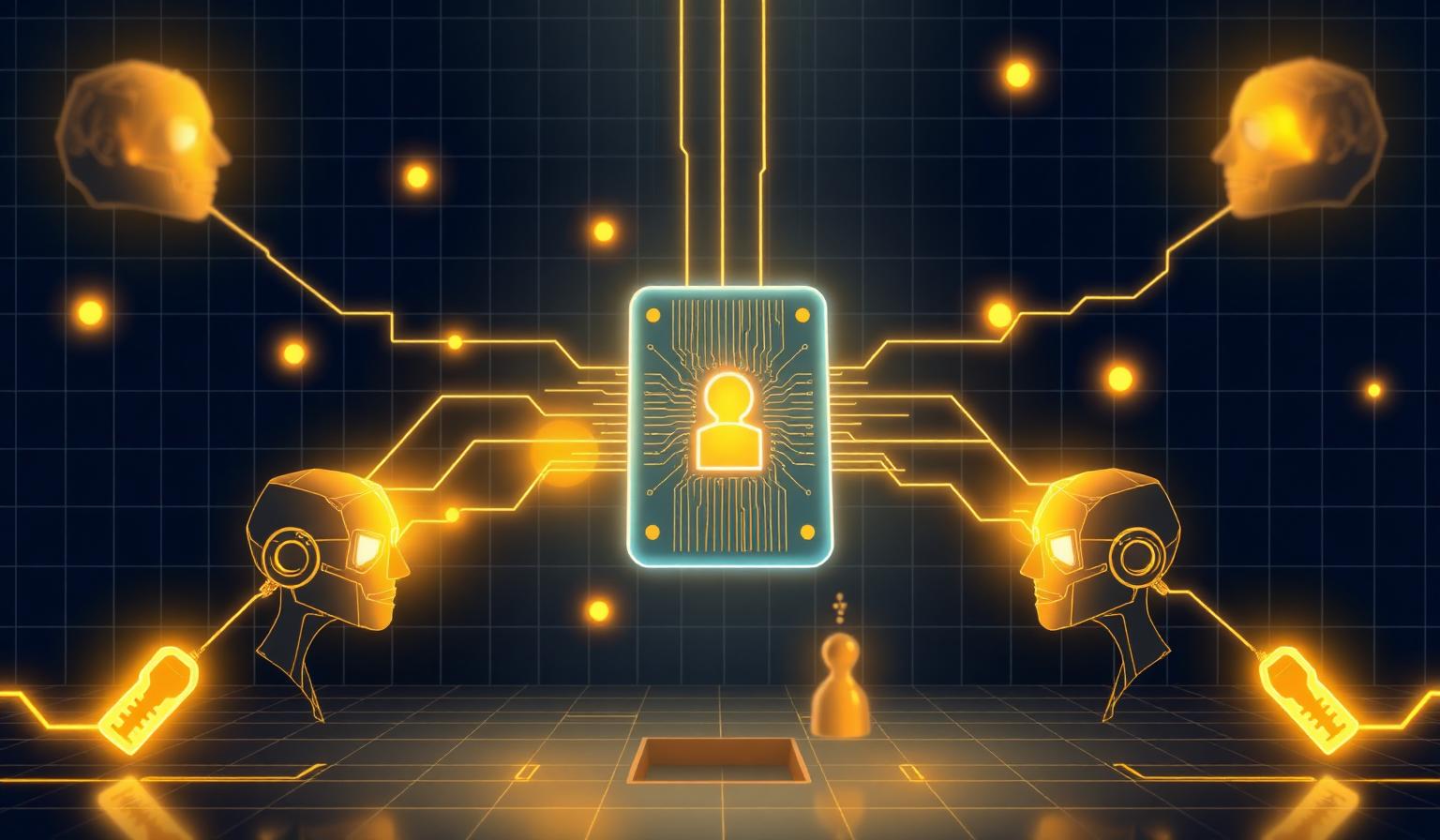 AI agent identity — glowing digital identity badge tethered by gold credential keys to multiple AI agent avatars on a navy circuit-board grid