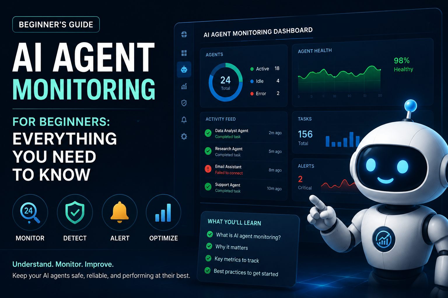 Beginner's guide cover showing an AI agent monitoring dashboard with agent health, activity feed, tasks, and alerts next to a friendly robot