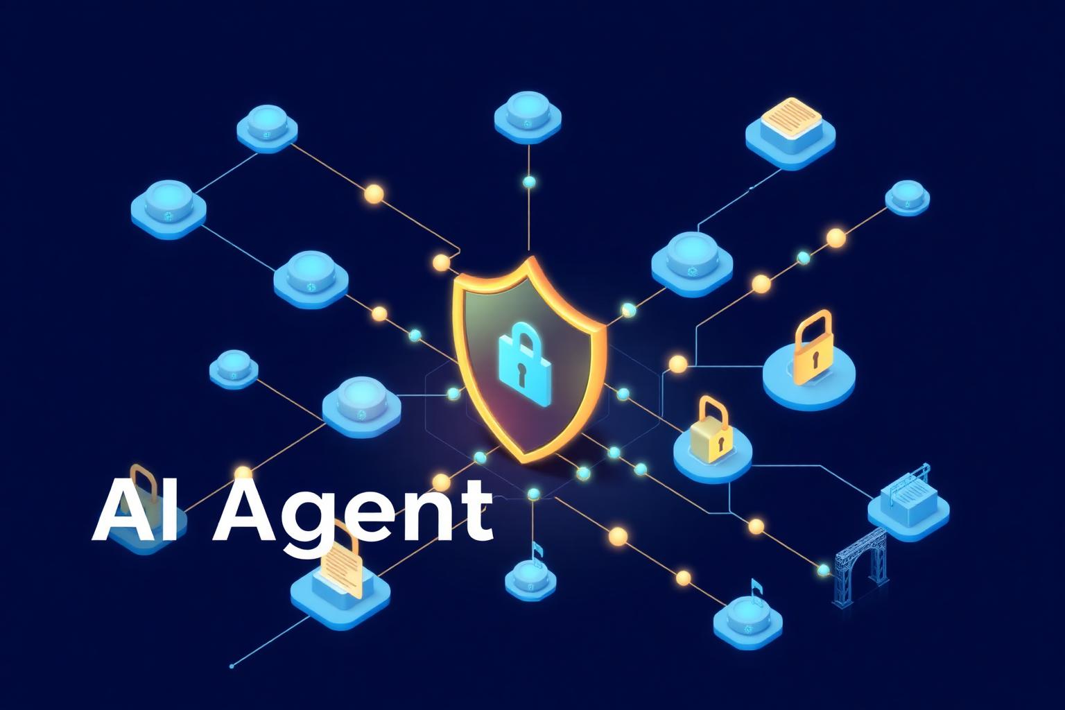 AI agent security best practices — glowing shield surrounded by interconnected agent nodes, scoped credential keys, audit log lines, and policy gates on a navy background
