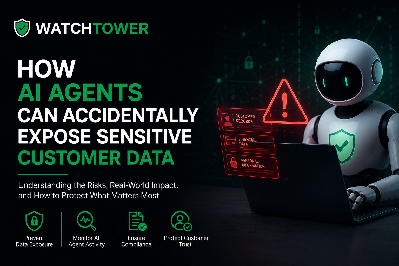 WatchTower Agents — How AI Agents Can Accidentally Expose Sensitive Customer Data: AI robot at a laptop with red holographic panels showing exposed customer records, financial data, and personal information