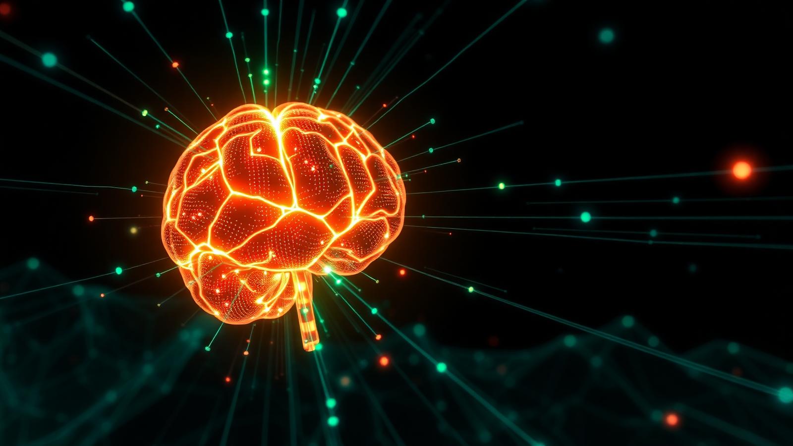 Glowing brain cross-checked by green truth-data rays against a dark plexus background