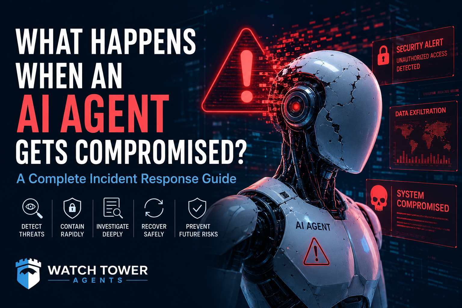 WatchTower Agents — What Happens When an AI Agent Gets Compromised: cracked humanoid AI agent surrounded by red holographic warnings showing security alert, unauthorized access, data exfiltration, and system compromised, with icons for detect, contain, investigate, recover, and prevent