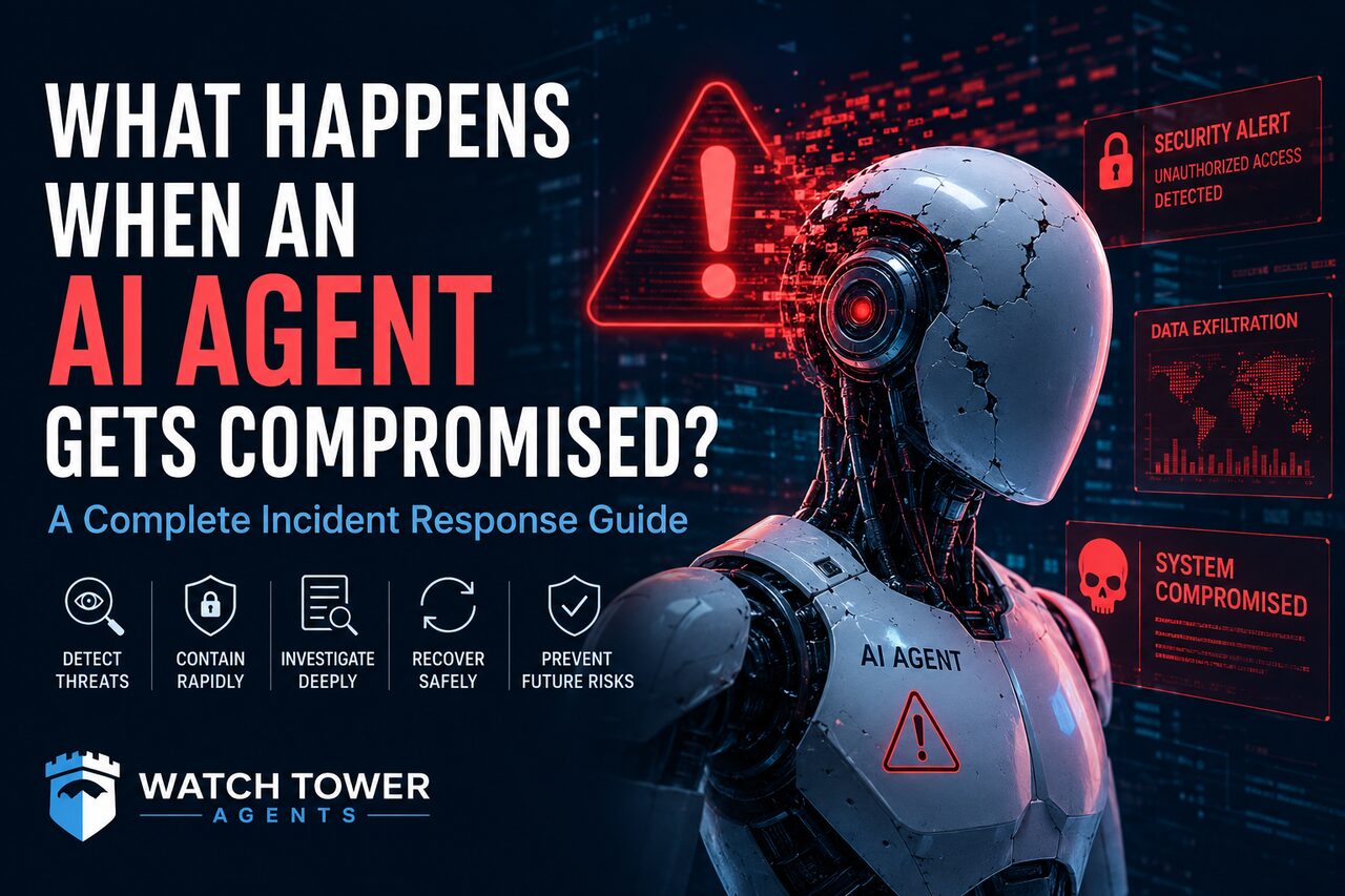 WatchTower Agents — What Happens When an AI Agent Gets Compromised: cracked humanoid AI agent surrounded by red holographic warnings showing security alert, unauthorized access, data exfiltration, and system compromised, with icons for detect, contain, investigate, recover, and prevent