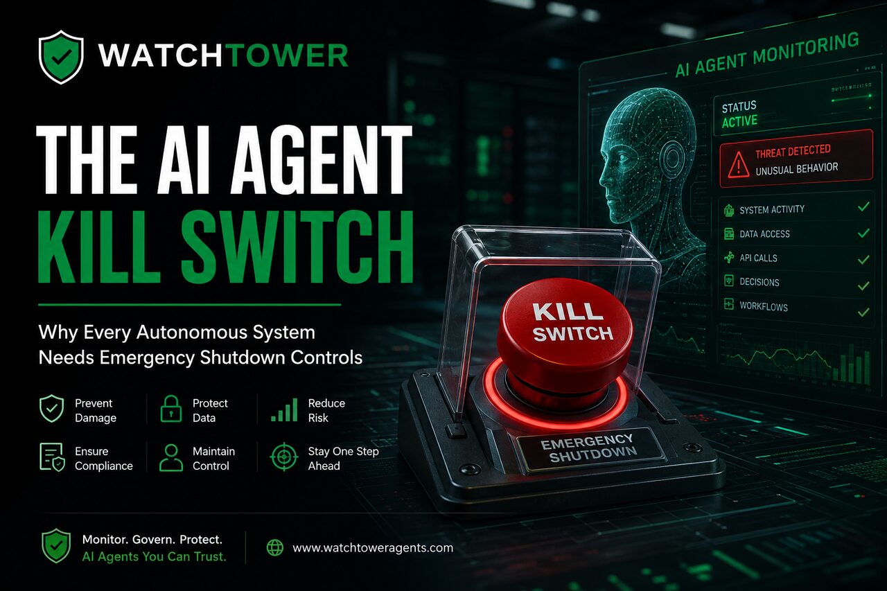 WatchTower AI Agent Kill Switch — emergency shutdown button under a glass cover next to an AI agent monitoring dashboard showing threat detection