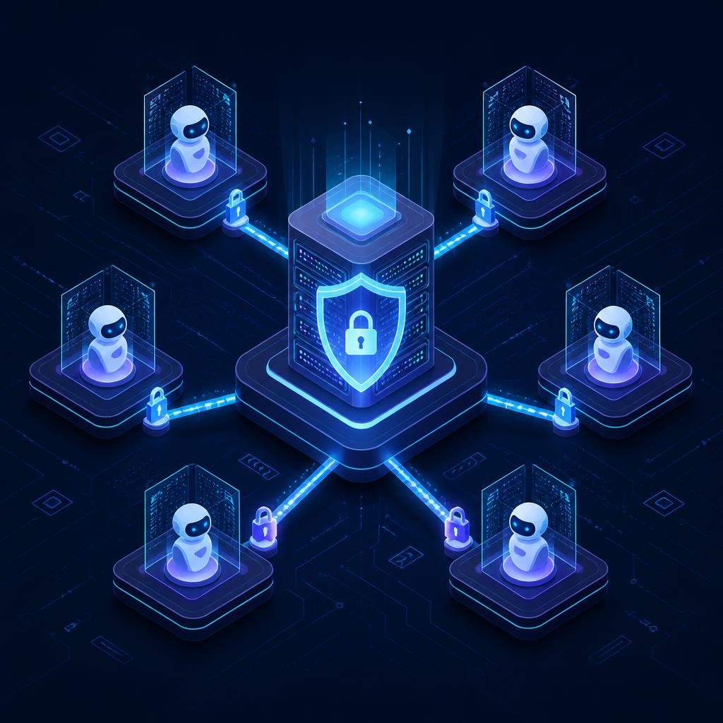 MCP server security — a central shield-protected Model Context Protocol server hub connected to AI agent nodes over encrypted, lock-gated links on a navy background