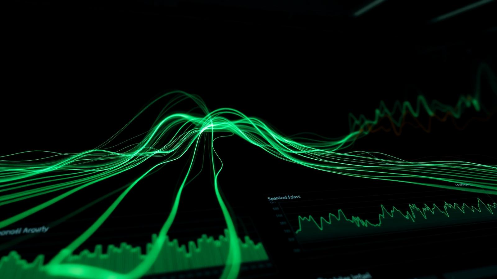 Glowing emerald telemetry streams arcing over a dark observability dashboard