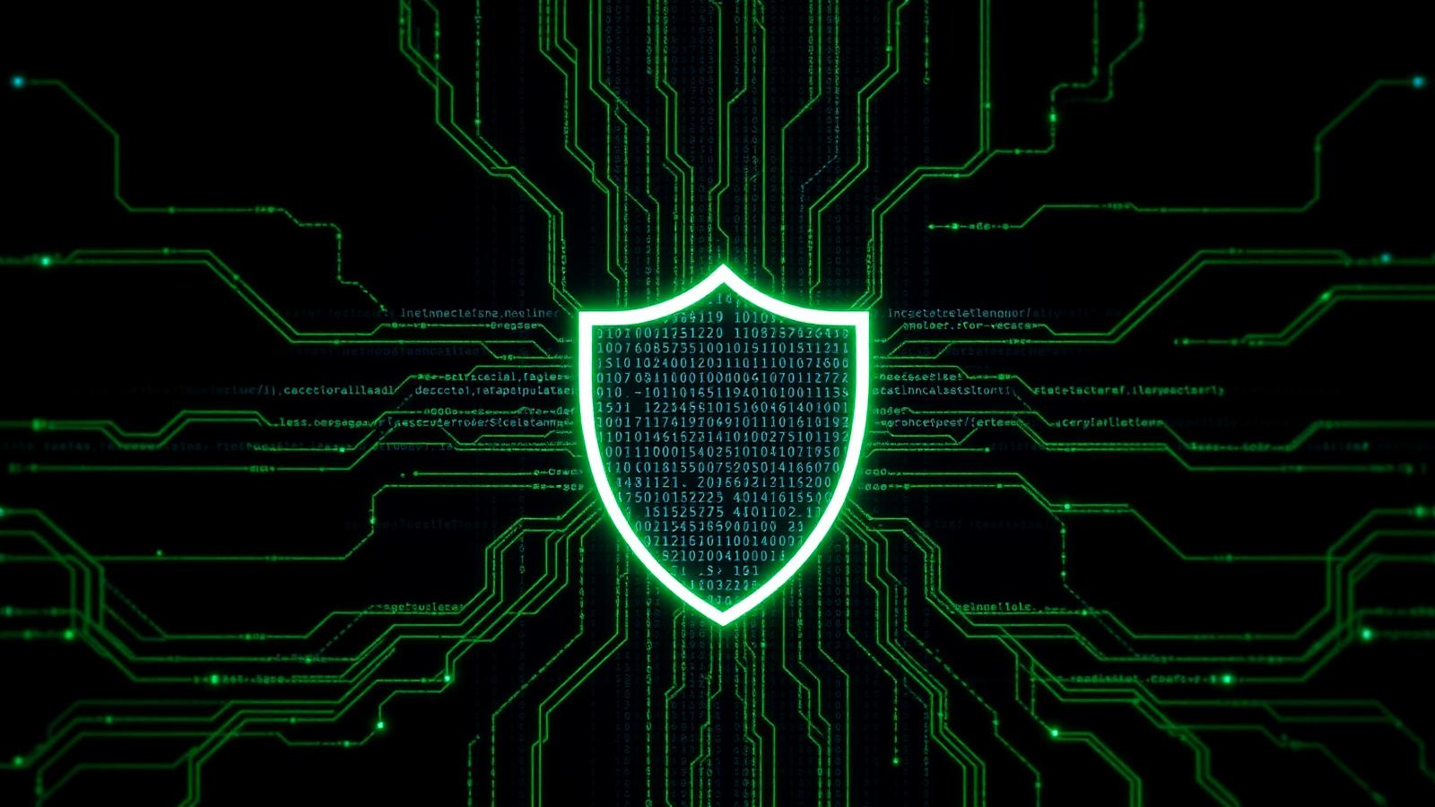 Glowing emerald shield deflecting malicious data packets against a circuit-board background