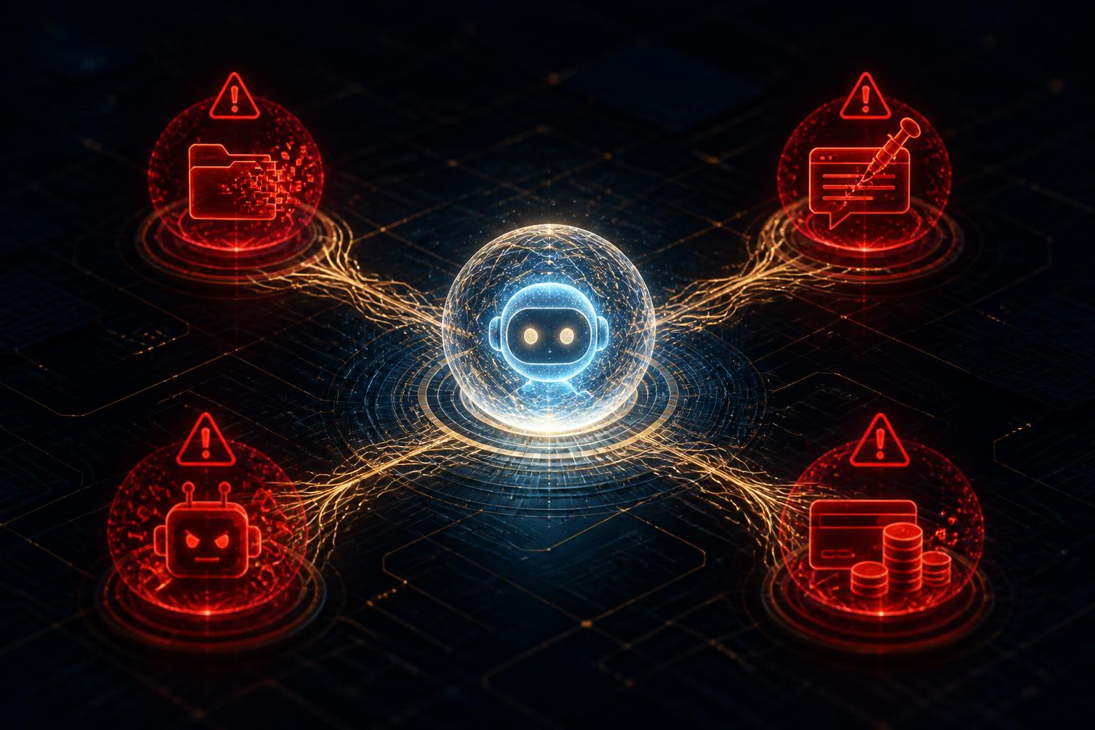 Risks of agentic AI — central autonomous AI agent orb branching to red warning nodes for data leaks, prompt injection, runaway actions, and unauthorized transactions on a navy circuit grid