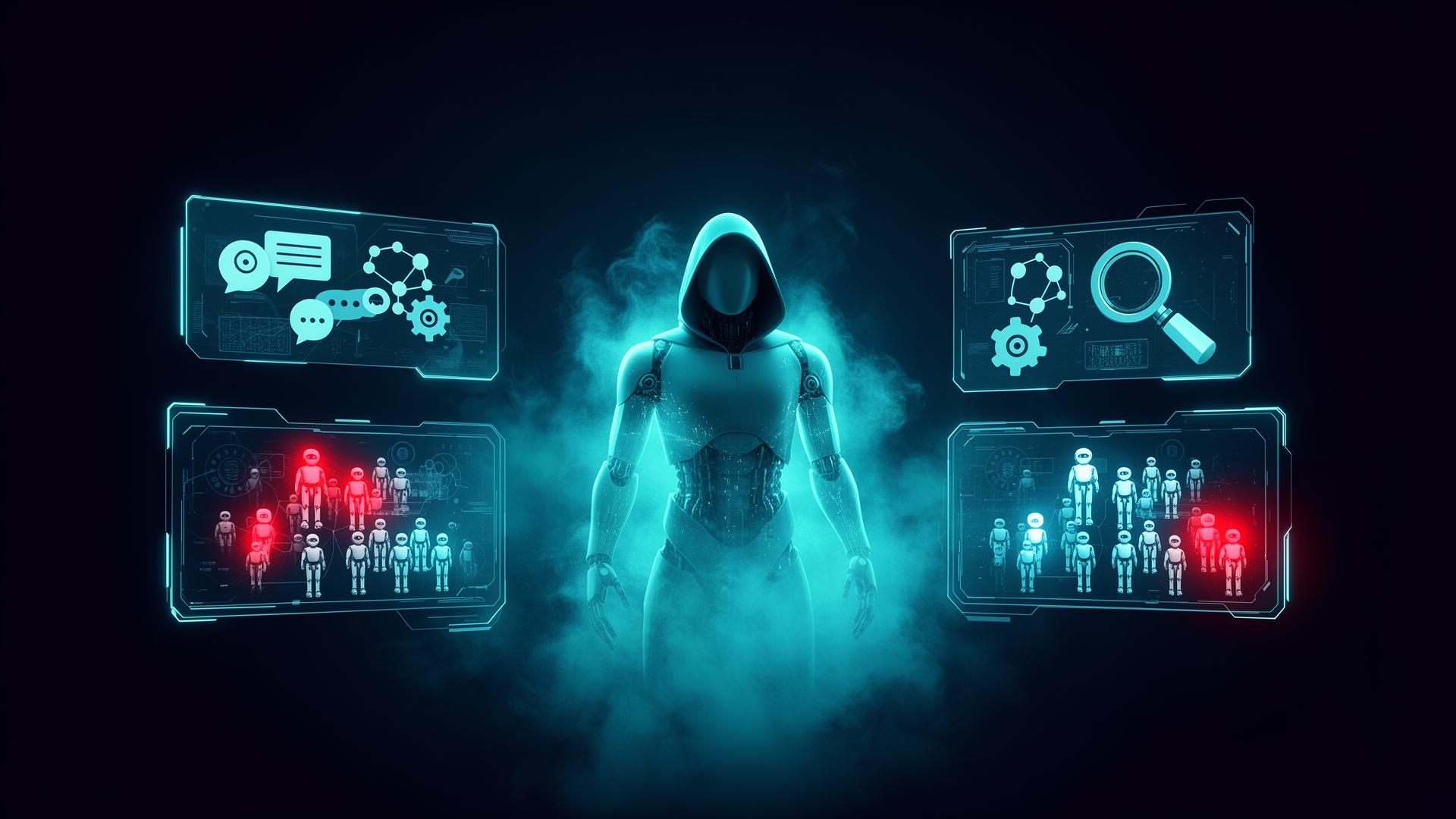 Shadow AI agents discovery — hooded AI silhouette surrounded by holographic panels showing hidden chatbots, unauthorized AI agents, and a magnifying glass scanning a corporate network for rogue agents