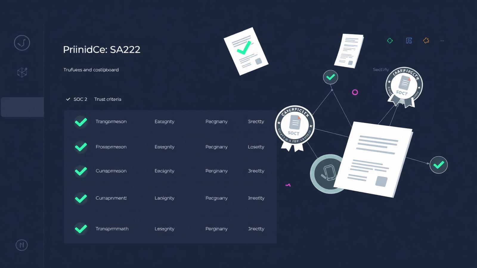 Audit dashboard with green checkmarks across SOC 2 trust criteria