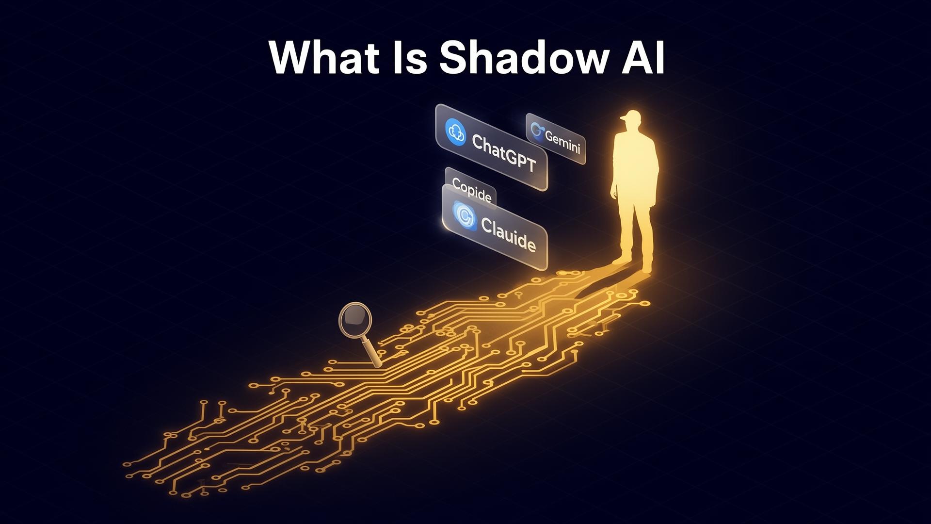 What is shadow AI — a glowing employee silhouette casting a circuit-board shadow with floating ChatGPT, Copilot, Claude, and Gemini chips, illustrating unsanctioned enterprise AI usage